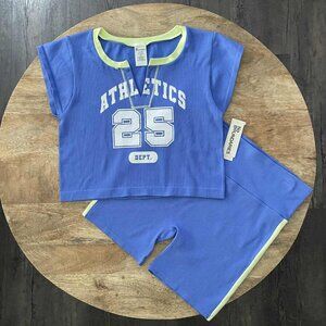 NEW 2Pc Women's 20 (XXL) Seamless Blue Crop Top & High Waist Short Set